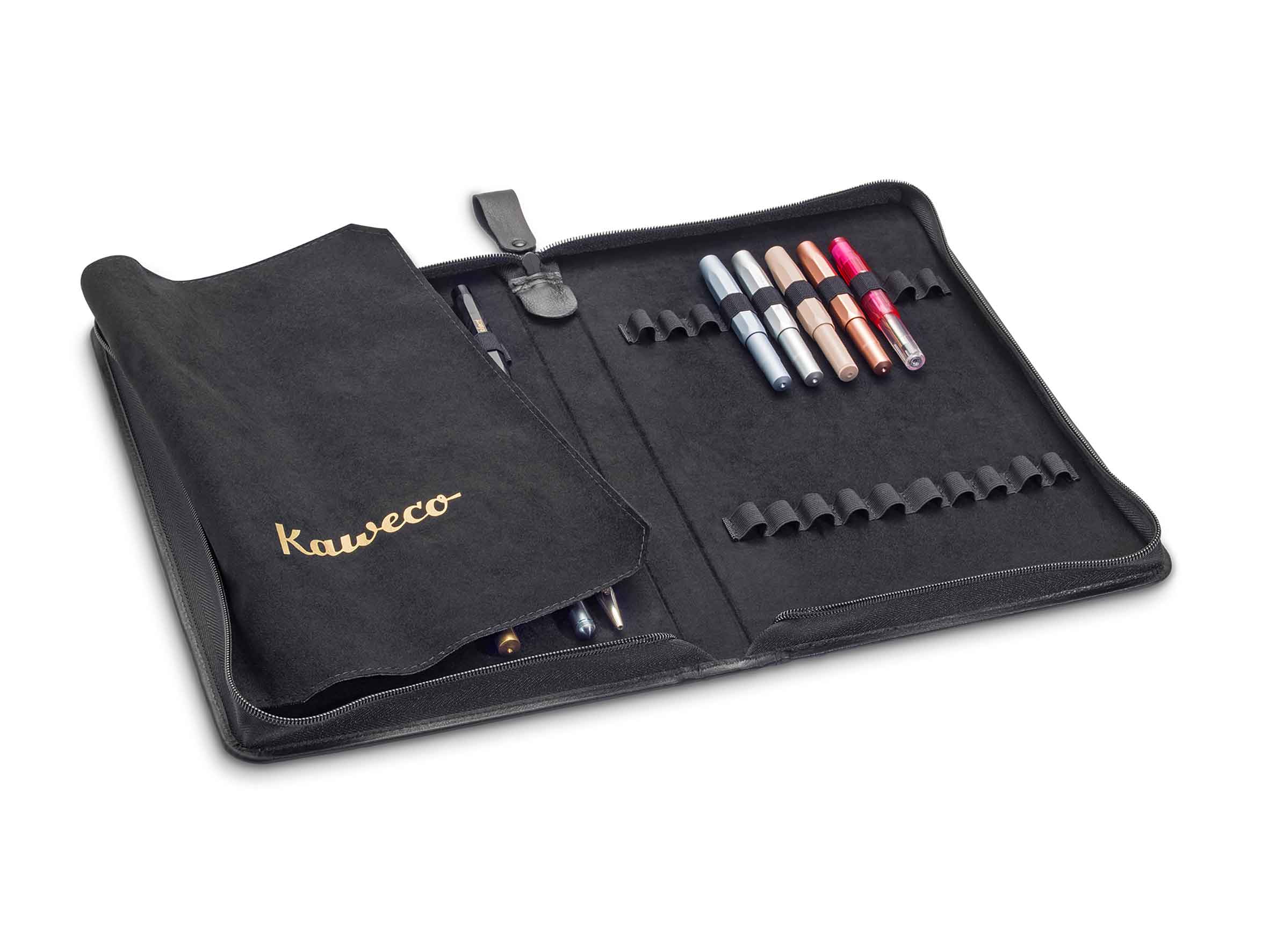 Kaweco-40er-Stiftemappe-Schwarz-mit-Logo-Offen-pen-case-with-logo-open Kaweco Echtleder 40er Stifte Mappe mit Logo Schwarz Offen