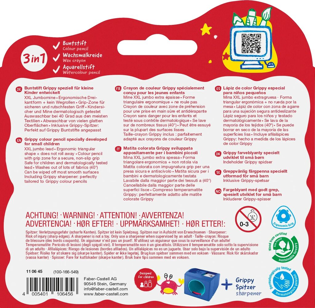 Faber-Castell Buntstift Grippy 16er Set mit Spitzer