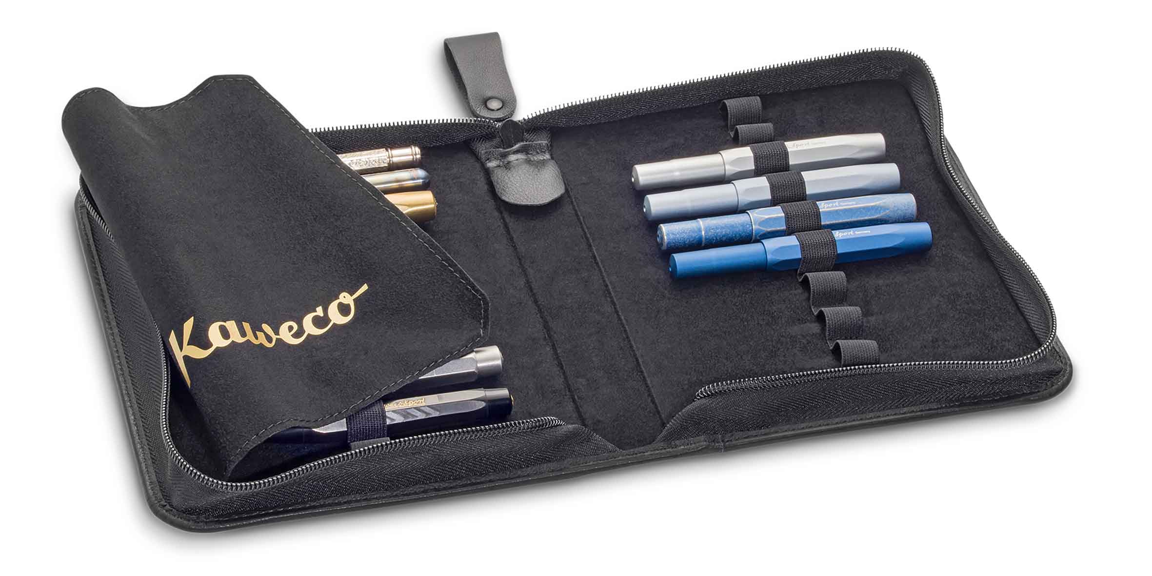 Kaweco-20er-Stiftemappe-mit-Logo-Offen-pen-case-with-logo-open Kaweco Echtleder 20er Stifte Mappe mit Logo Schwarz Offen