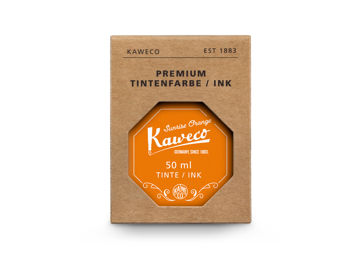 Kaweco_Ink_Bottle_SunOra_Pack_web_s Kaweco Tintenglas Sonnenaufgang Orange 50 ml