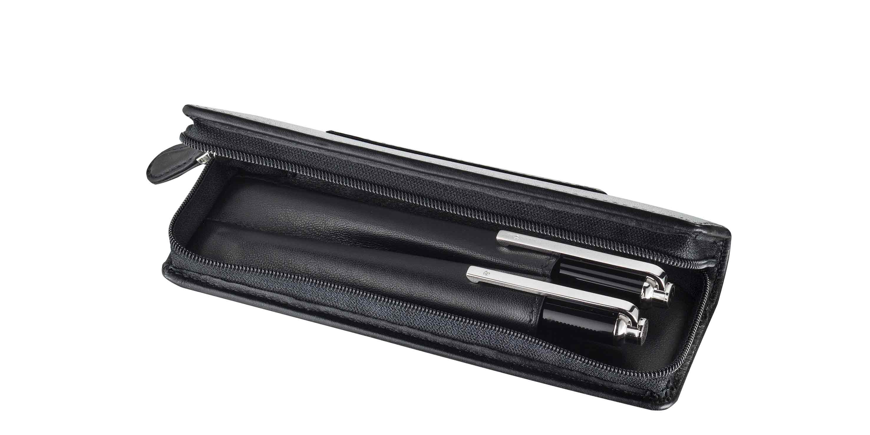 Waldmann-Etui-mit-Reissverschluss-offen-case-with-zipper-open Waldmann Lederetui mit Reißverschluss für 2 Schreibgeräte Offen